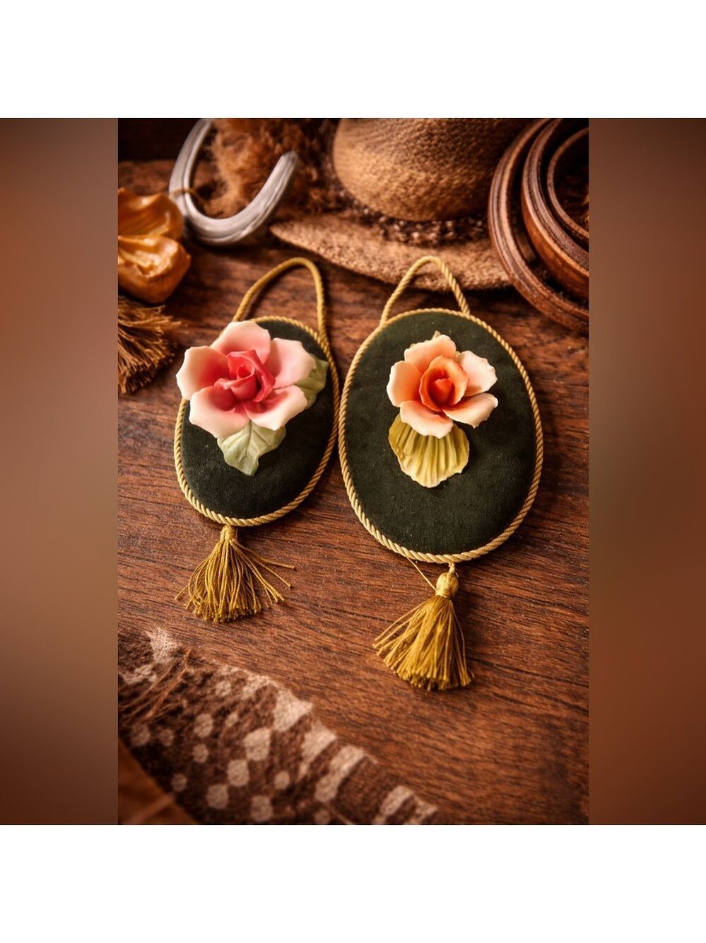 VINTAGE Capodimonte Porcelain Flowers Roses 🌹on Velvet Hanging Wall Tassels Pair